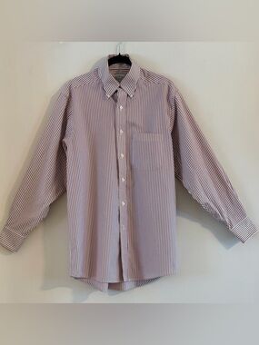 Men's Long-Sleeve Striped Dress Shirt in White and Burgundy Neck 15 1/2